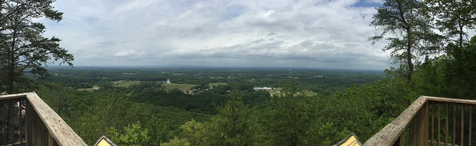 Ultra-wide panorama from a wooden overlook deck whose railings angle in from both lower corners, looking over a vast forested plain with scattered fields and buildings to a flat horizon under a grey, layered cloud sky, with pines framing both sides; two small interpretive signs sit at the deck edge.